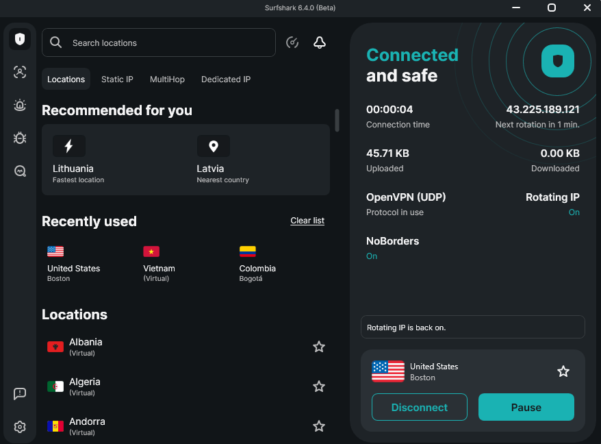 Surfshark app's interface