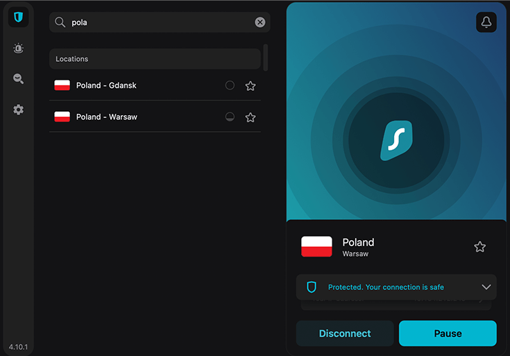 Surfshark VPN, Poland servers, client connected