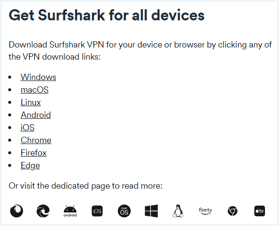 Download links for Surfshark for all devices
