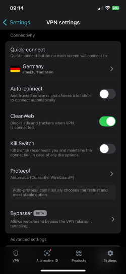 Surfshark VPN settings on iOS