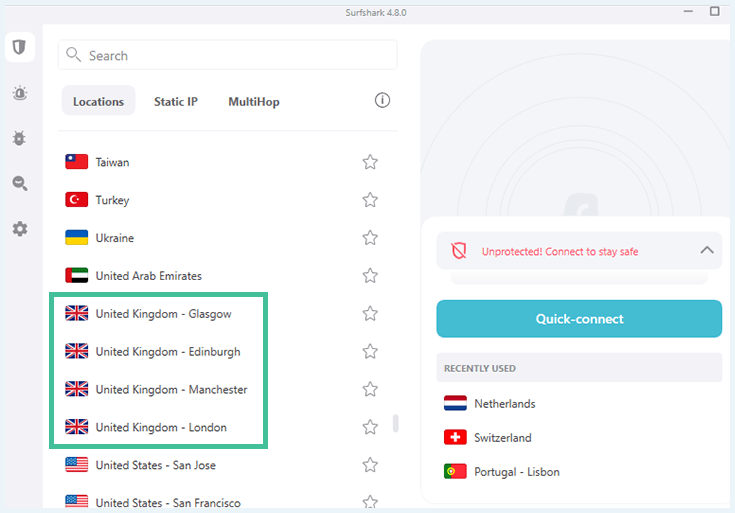 Surfshark VPN interface, locations tab, UK servers highlighted