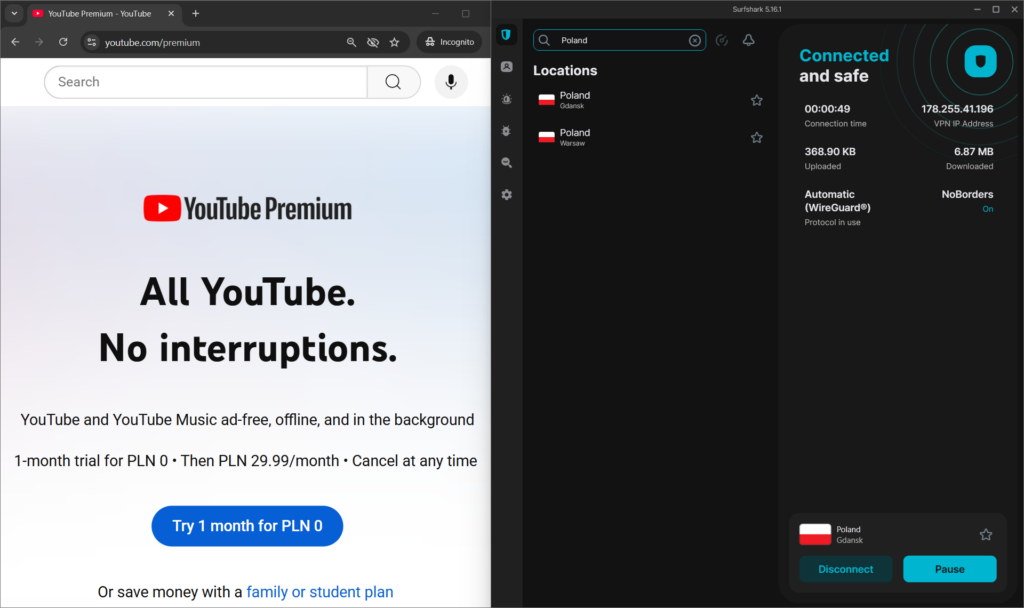 Surfshark is connected to a reliable YouTube Premium VPN server in Poland