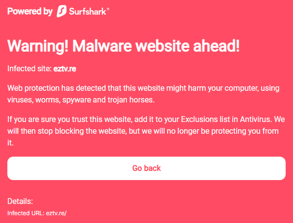 Surfshark's warning for malware