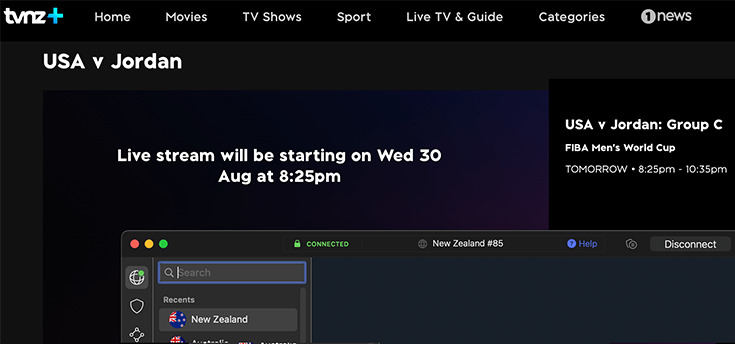 Landing page of the USA v Jordan game at the 2023 FIBA World Cup with the NordVPN app connected to a New Zealand server.