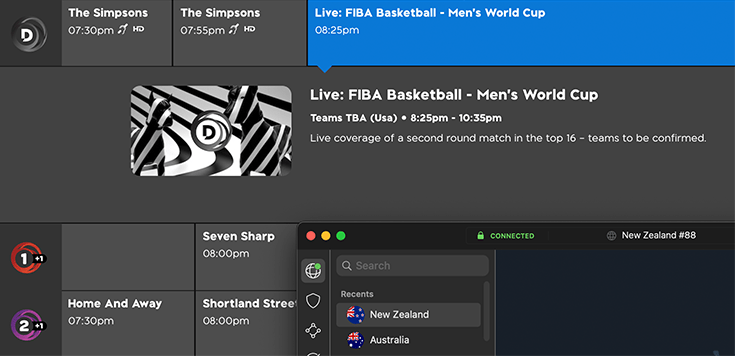 Cropped image of the TVNZ TV Guide with FIBA Basketball listing on the TVNZ website with NordVPN running in the background.