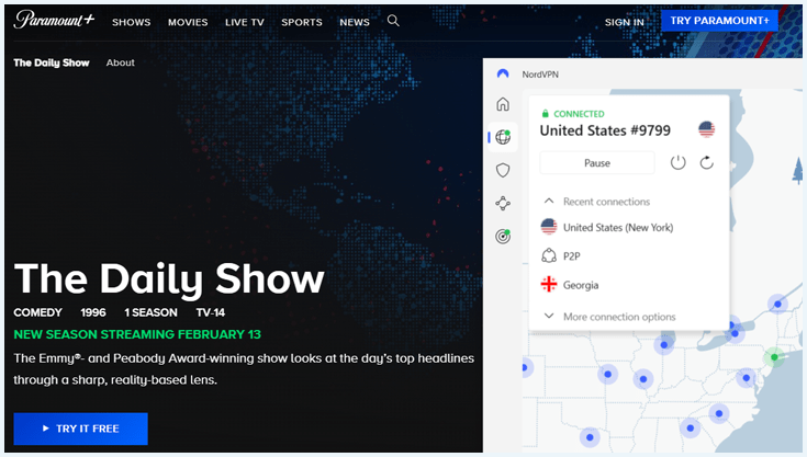 The Daily Show listing on Paramount+ with NordVPN running in the background.
