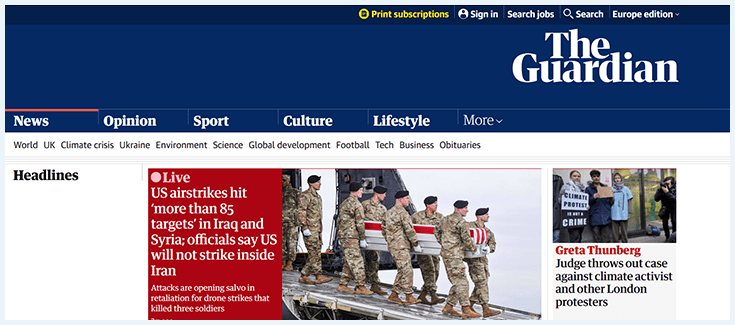 The Guardian dark web version homepage