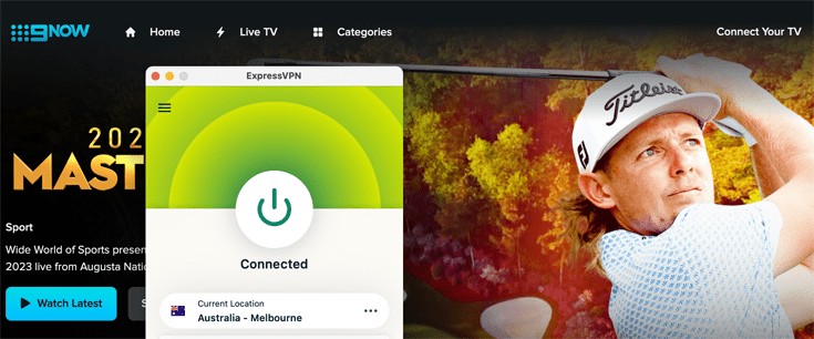 The Masters landing page on 9Now with ExpressVPN connected to a server in Australia - Melbourne.