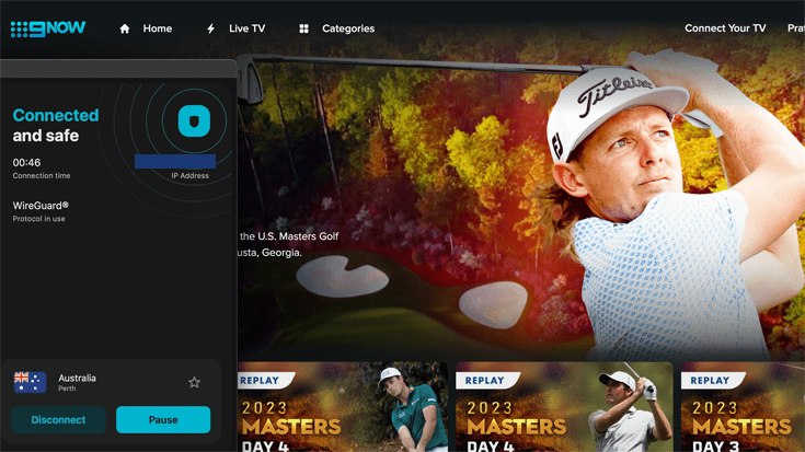 The Masters landing page on 9Now with Surfshark connected to a server in Perth, Australia.