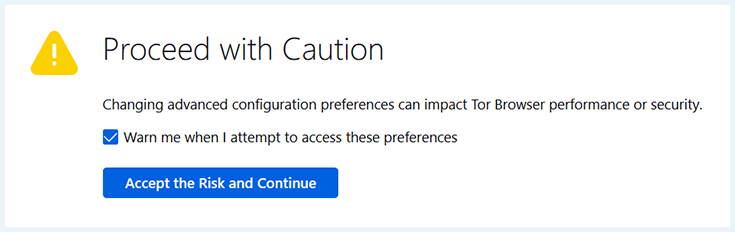 Tor warning message that reads "Accept the Risk and Continue"