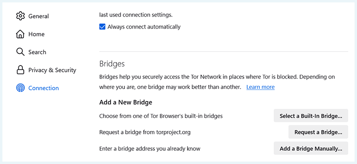 The Connection section of Tor's settings