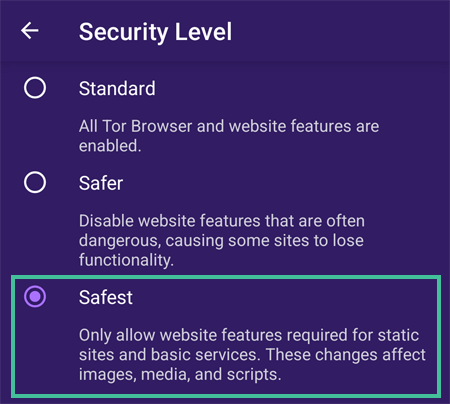 Security levels of the Tor browser with the safest level selected