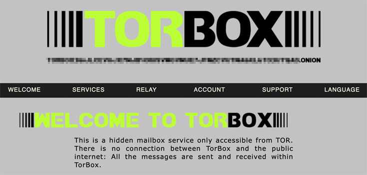 A screenshot of TorBox, an encrypted mail service on the dark web