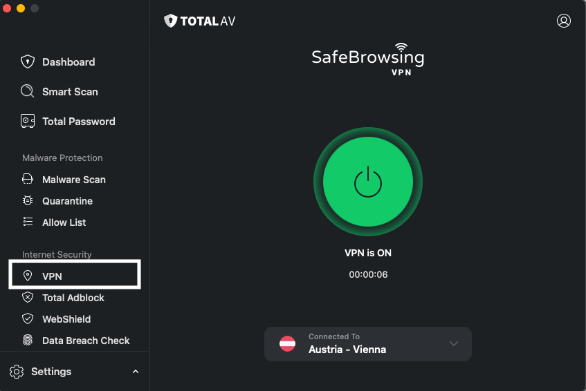 TotalAV VPN section location