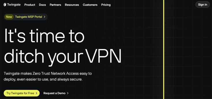 Screenshot of the Twingate homepage.