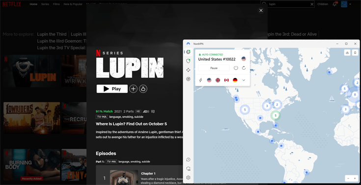 Image shows NordVPN unblocking Lupin Part 3 on Netflix