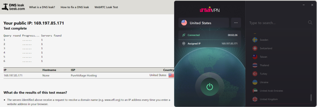 Urban VPN DNS leak test result