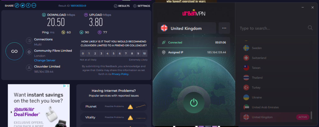 Urban VPN speed test