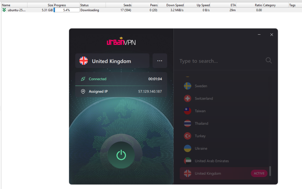 Urban VPN torrenting view