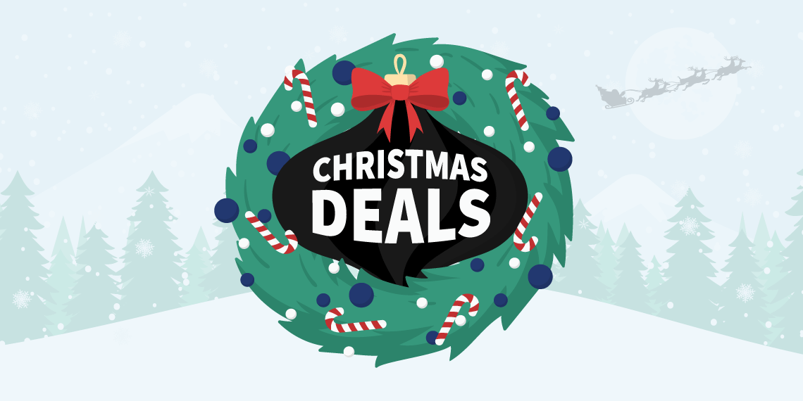 Christmas wreath with a bauble bearing the text “Christmas Deals” on a wintery background