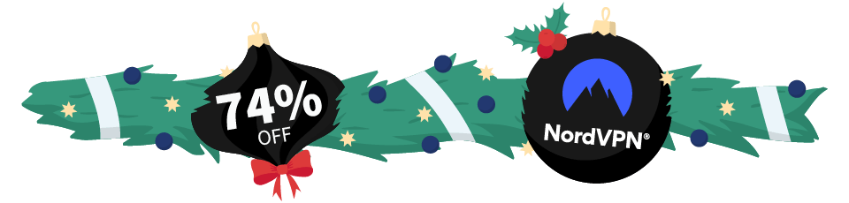 Christmas wreath with two baubles bearing the NordVPN logo and the text “74% off”