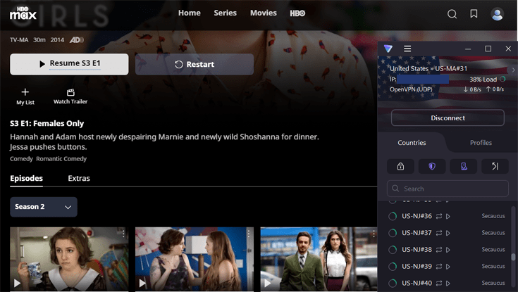 Screenshot showing the episodes of Girls with the Proton app connected to a server in the US