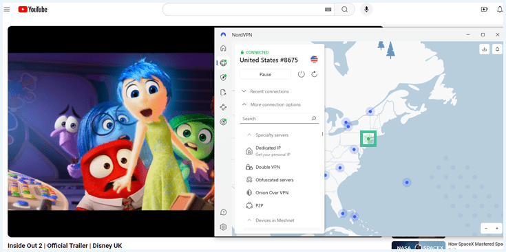 Screenshot of the trailer of Inside Out 2 on YouTube with NordVPN connected to a US Server