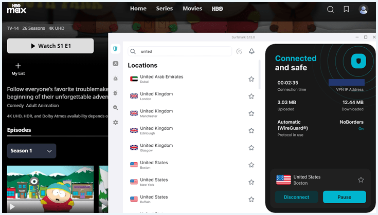 Screenshot of South Park in the Max catalog with Surfshark connected to a US server