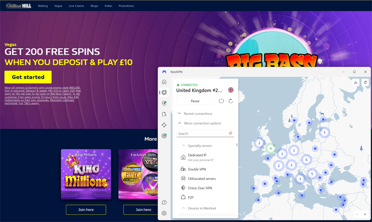 William Hill homepage with a screenshot of NordVPN connected to a UK server