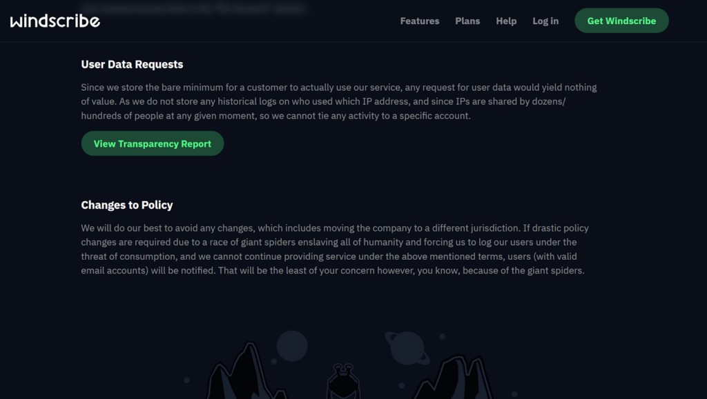 Windscribe user data policy