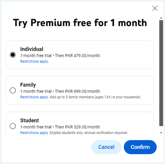 A screenshot showing different YouTube Premium plans and their prices.