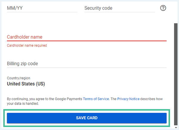 A screenshot of the YouTube subscription page with a form for payment card details.