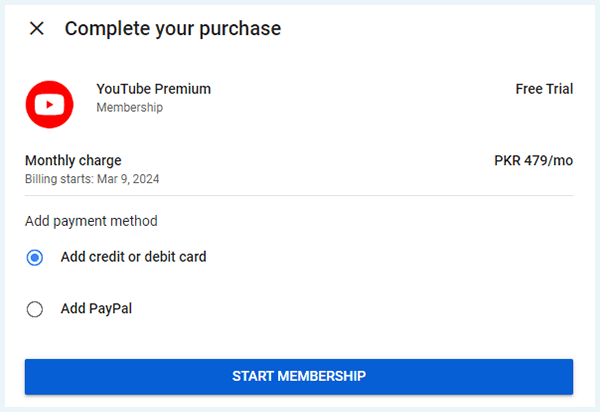 A screenshot of the YouTube Premium subscription page showing different payment options.