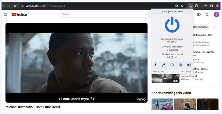 A screenshot showing a video playing on YouTube with the uBlock Origin extension.