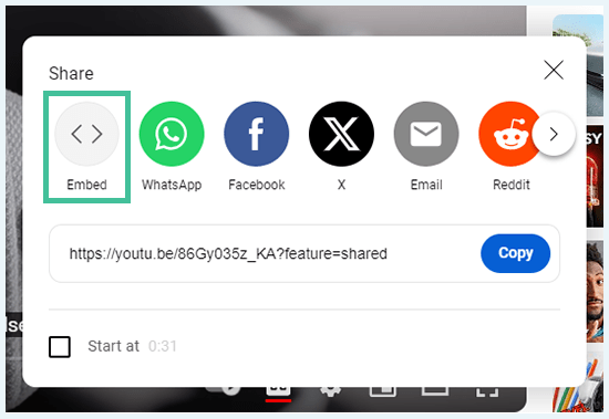 A screenshot of the different sharing options on YouTube.