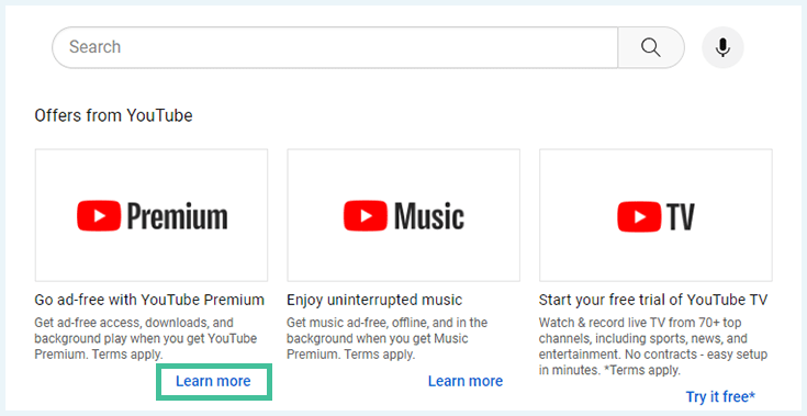 A screenshot of a page showing different YouTube subscription plans,