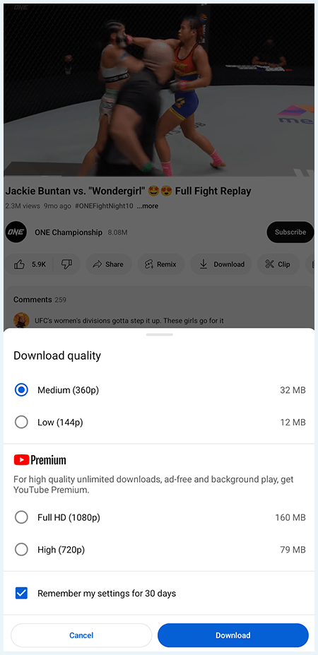 Screenshot of YouTube video download page showing different options.