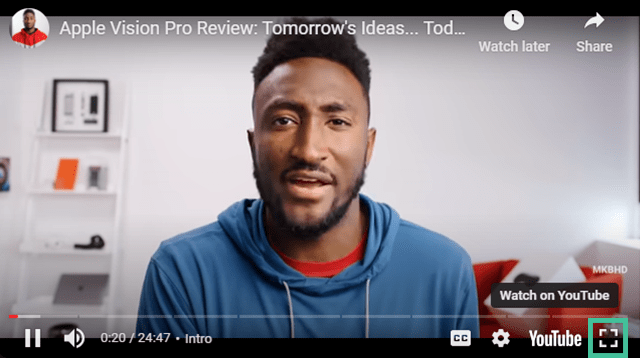 A screenshot of a video playing on YouTube with the fullscreen button highlighted.