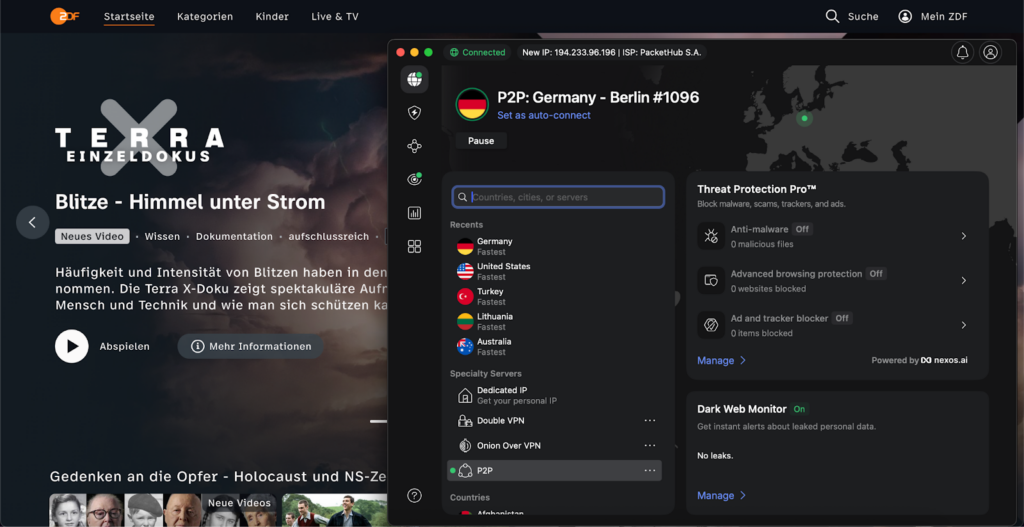 ZDF accessed with NordVPN view