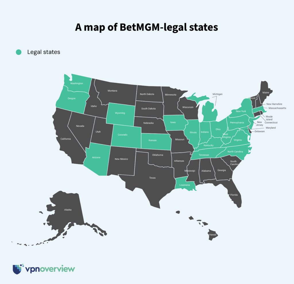 Map showing US states where BetMGM is legal