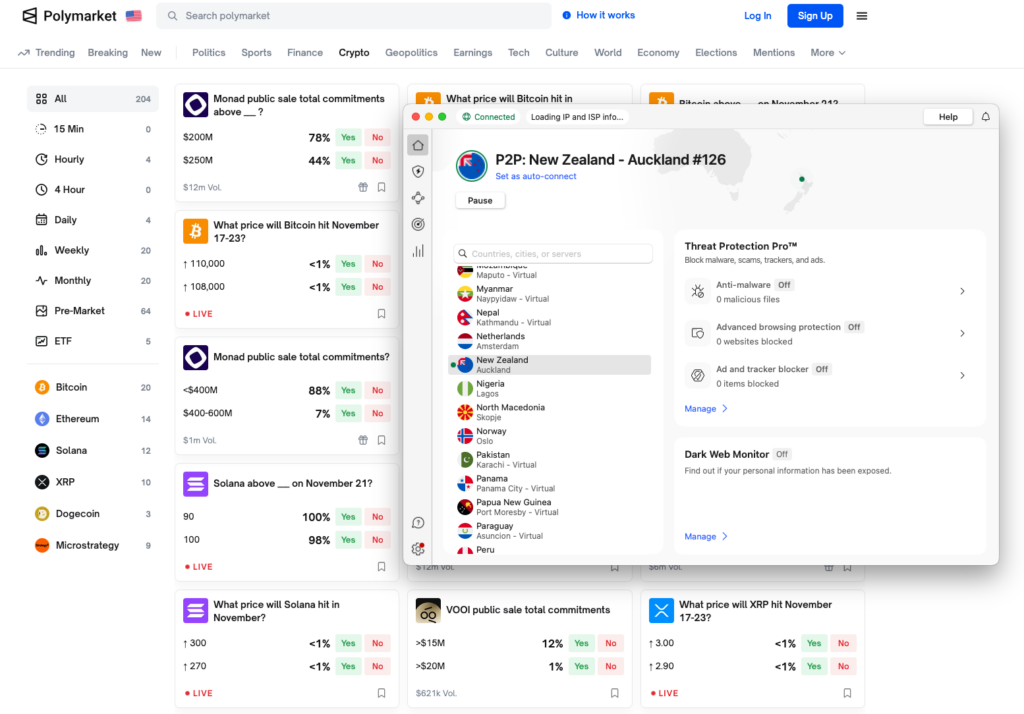 NordVPN connected to New Zealand to unblock Polymarket
