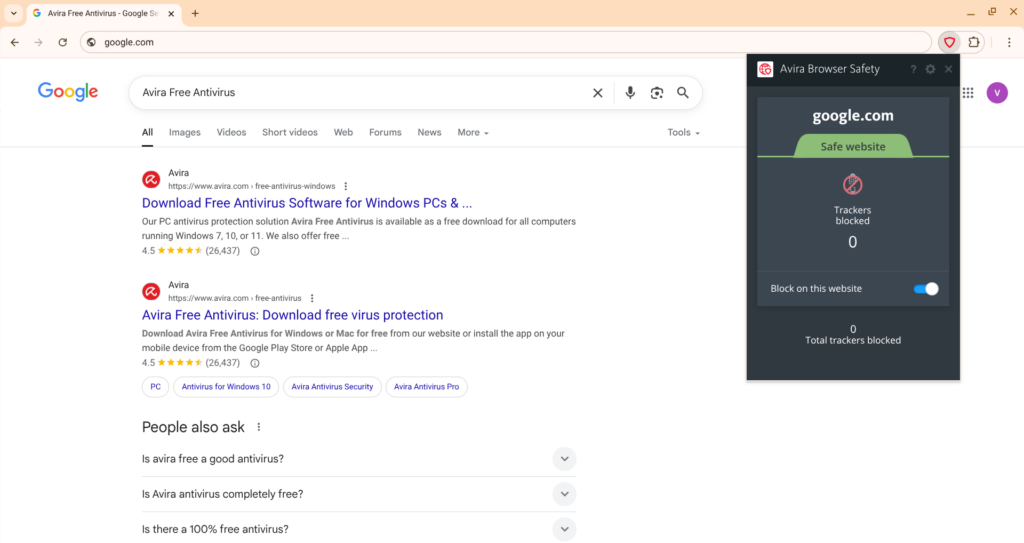 Avira Antivirus Browser Safety protection panel in Chrome