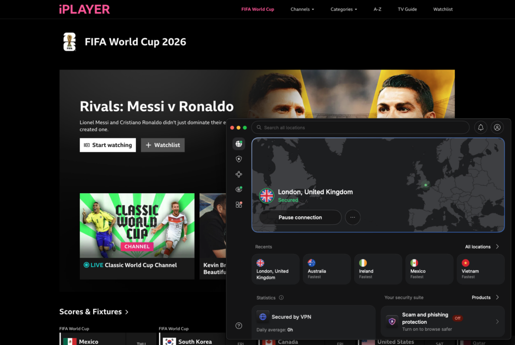 NordVPN London server unblocking BBC iPlayer FIFA World Cup 2026 page