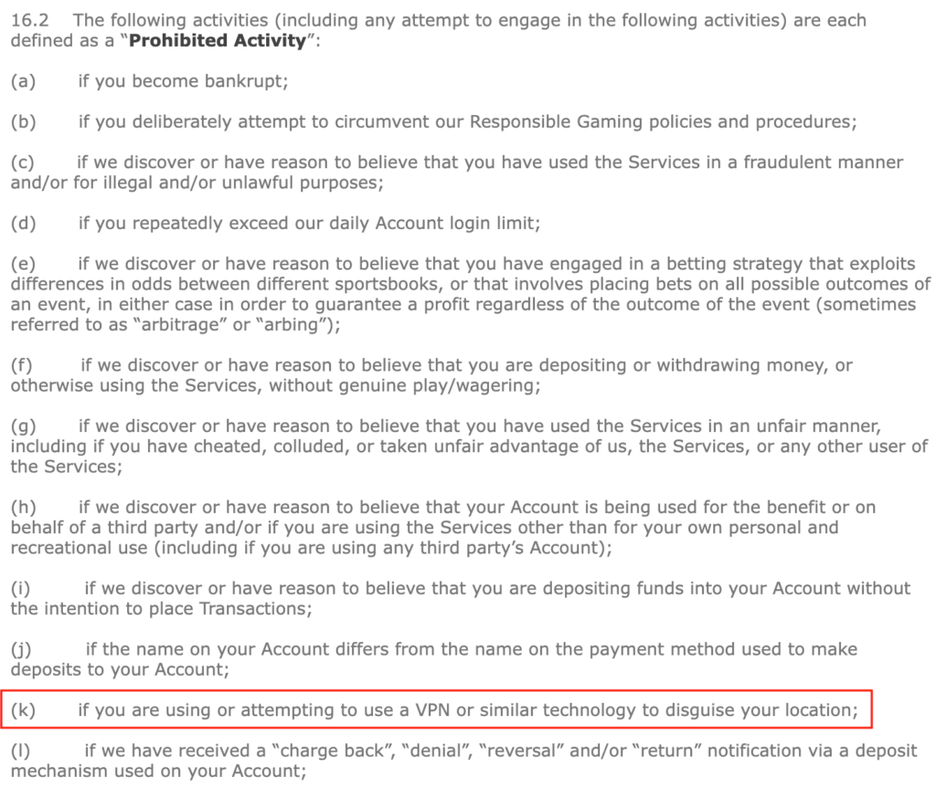 Bet365 classes VPN usage as a prohibited activity with potential consequences