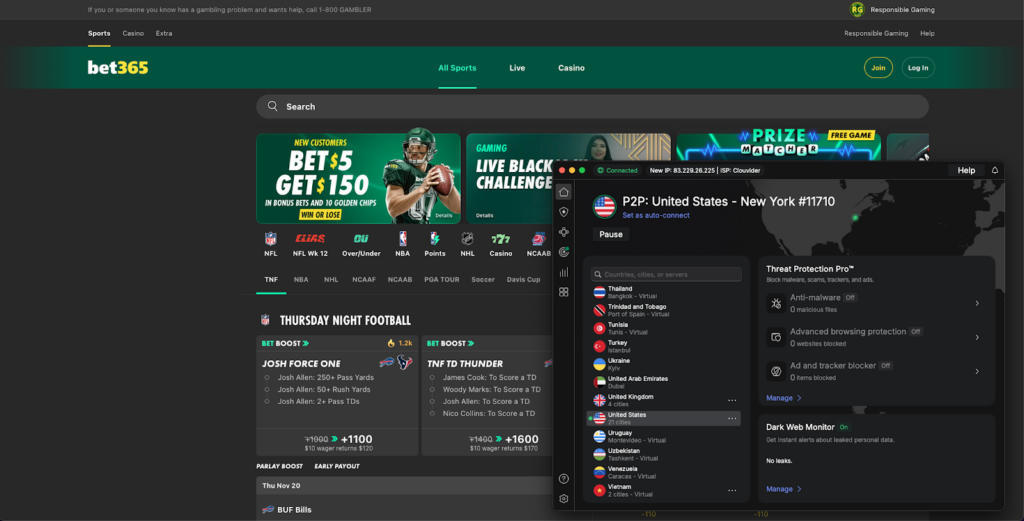 bet365 unlocked with NordVPN's server in the US