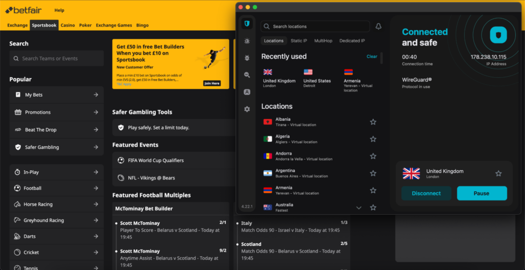 Unblocking Betfair with Surfshark's UK VPN servers