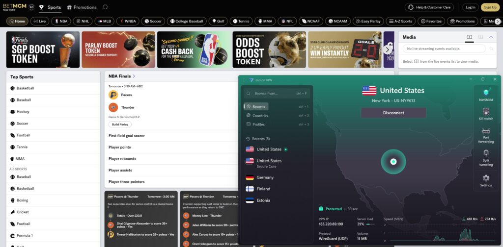 BetMGM platform accessed with Proton VPN