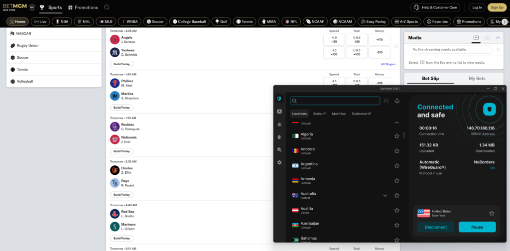 BetMGM platform accessed with Surfshark
