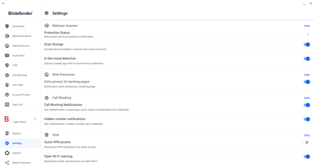 Bitdefender Chromebook antivirus settings menu with real-time protection toggles