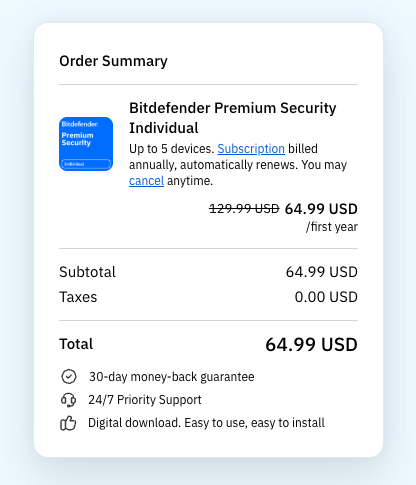 Bitdefender discounted order summary